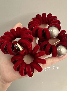 节日氛围红~红色电话线发绳女绑头E发皮筋本命年新年珍珠无痕头绳