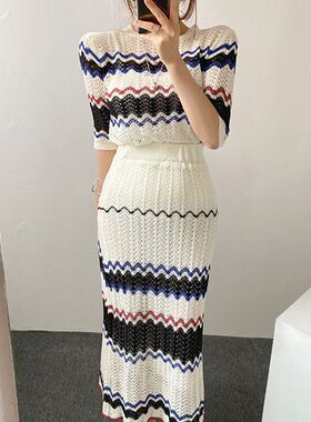 复古针织两件套女镂空撞色波浪z纹提花上衣夏季高腰包臀半身裙套