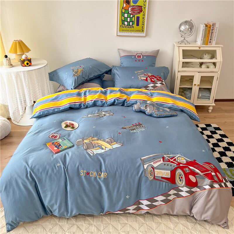 卡通风100支全棉长绒棉四件套儿童赛车刺绣纯棉被套床上用品1.8m