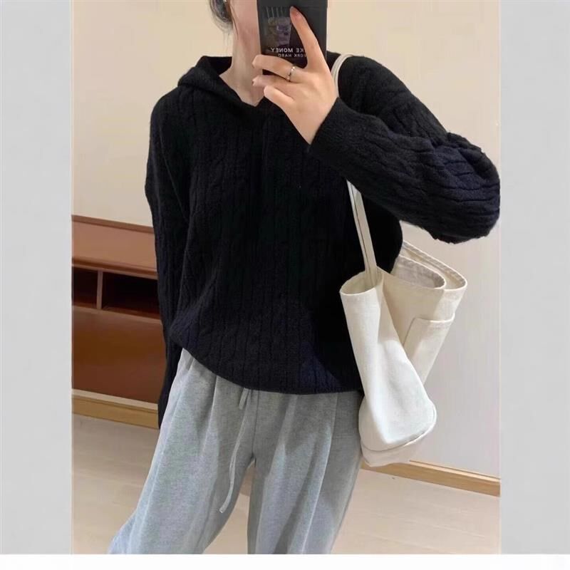 正品秋冬麻花羊毛衫女p绒宽松复古连帽毛衣软糯针织打底衫卫衣百