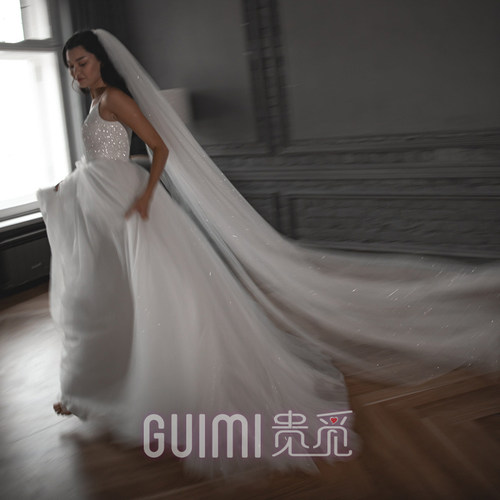 闪光头纱新娘主婚纱长款亮片配饰超仙拍照道具高级婚礼结婚配饰