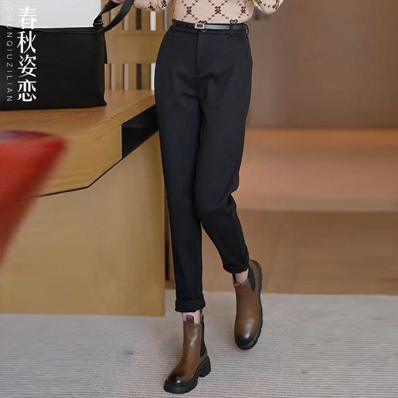 加绒毛呢西裤女2024秋冬新款高腰呢子哈伦小脚马丁靴搭配烟管裤子