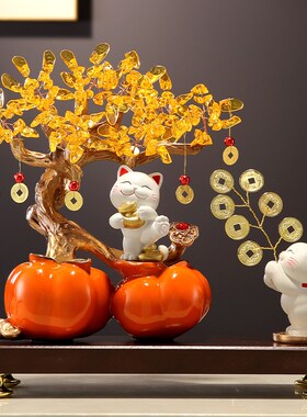 入户玄关招财猫发财树新中式事事如意柿子摆件客厅装饰品乔迁礼物