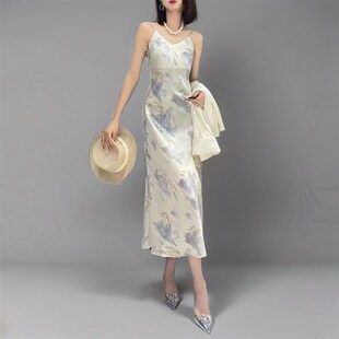 2024醋酸印花V领吊带裙 斜裁无袖F人丝连衣裙高级感女神度假长裙