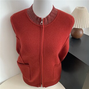 春秋新款时尚休闲短款长袖拉链妈妈F装纯色银边圆领针织开衫女外