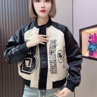 早春女高级感g美式复古绿色拼接棒球服女小个子洋气运动风短款外