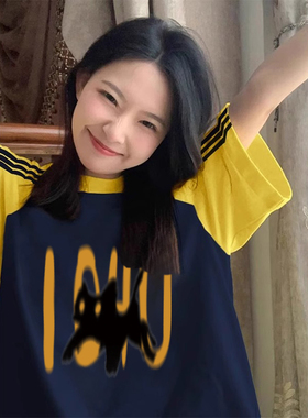 藏蓝色插肩t恤女短袖2024新A款F宽松小众不撞款上衣夏季情侣装