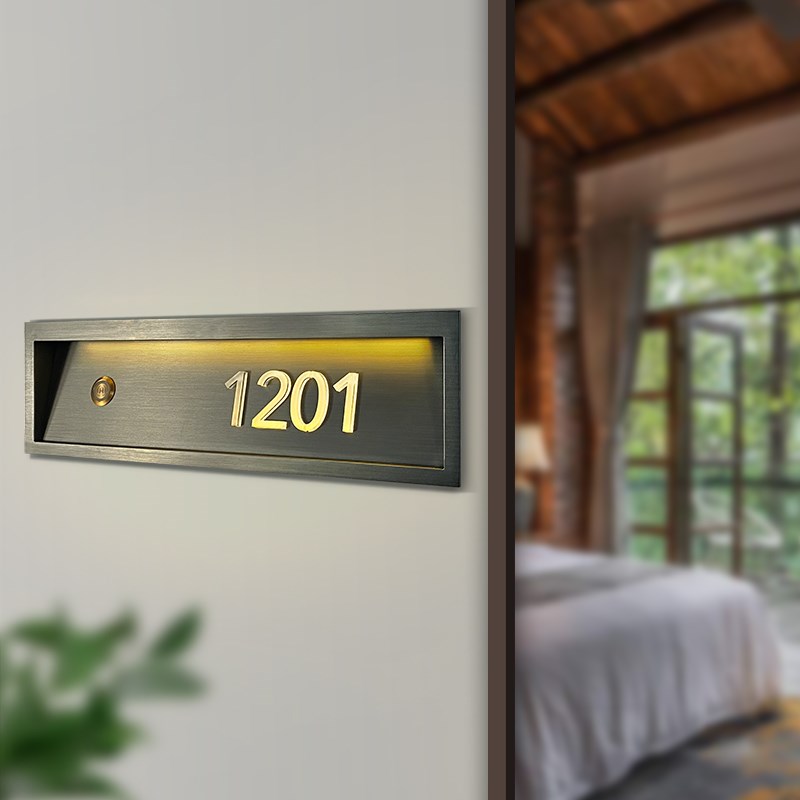 酒店门牌不锈钢电镀拉丝无指纹内嵌LED发光门铃智能门显定制