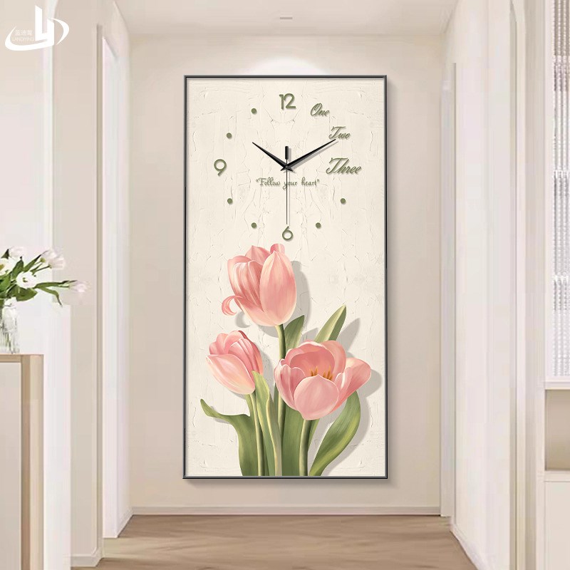 郁金香时钟挂画奶油风花卉入户玄关装饰画钟表客厅楼梯走廊壁灯画图片