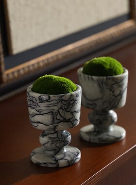 形上中古风大理石苔藓香薰蜡烛杯高级感样板间茶几客厅装饰摆件