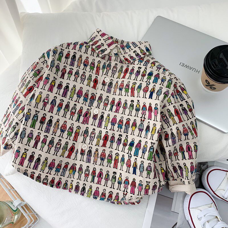 儿童纯棉衬衫春秋薄款外套男童卡通头像衬衣潮酷小童时尚洋气衣服