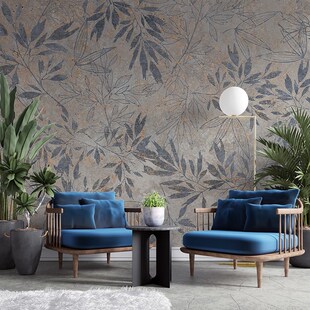 美式简约轻奢复古做旧蓝色叶子植物壁纸卧室客厅电视背景墙布定制