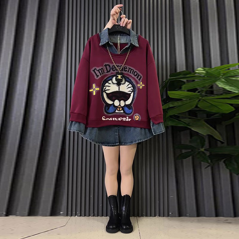 时尚韩版休闲牛仔拼接假两件宽松卫衣卡通上衣胖妹妹大码女装新款