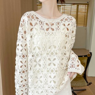 长袖 宽松慵懒风微透羊毛衫 毛衣 女秋冬款 复古镂空钩花100%纯羊绒衫