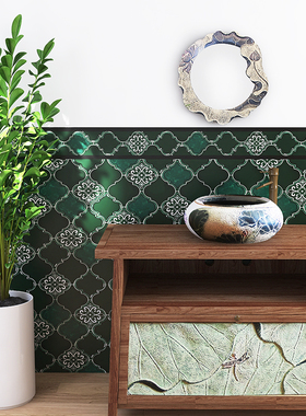 厨房防油贴纸复古墨绿色自粘卫生间浴室灯笼砖墙纸创意防水墙贴画