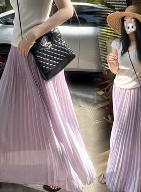 紫色百褶雪纺孕妇半身裙春夏季薄款宽松甜美仙逸中长款a字蓬蓬裙