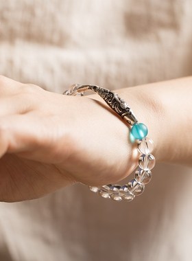 白水晶手串手链单圈天然7A级名族风简约925银女士手链情侣礼物