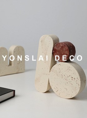 侘寂风仿洞石桌面摆件客厅玄关书柜创意几何书挡书立软装饰品