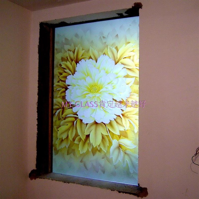 雕刻钢化艺术玻璃隔断玄关屏风天花吊顶正方形打灯罩富贵牡丹