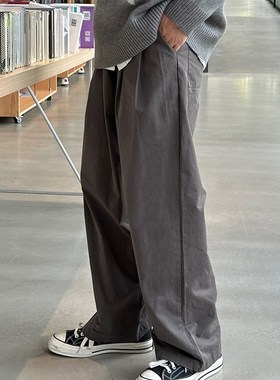 灰色休闲裤日系宽松直筒纯棉西裤春秋季男生长裤垂感秋天裤子男