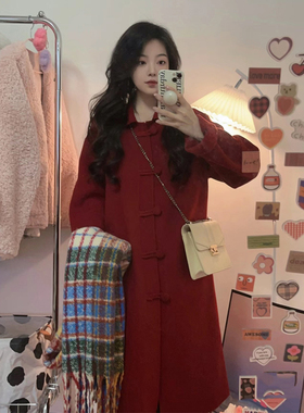 秋冬季韩系复古高级感红色宽松小个子呢子大衣毛呢外套女中长版