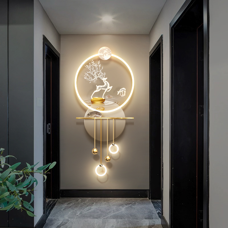 高端大气入户门玄关装p饰画带led发光壁灯画走廊过道立体轻奢挂画