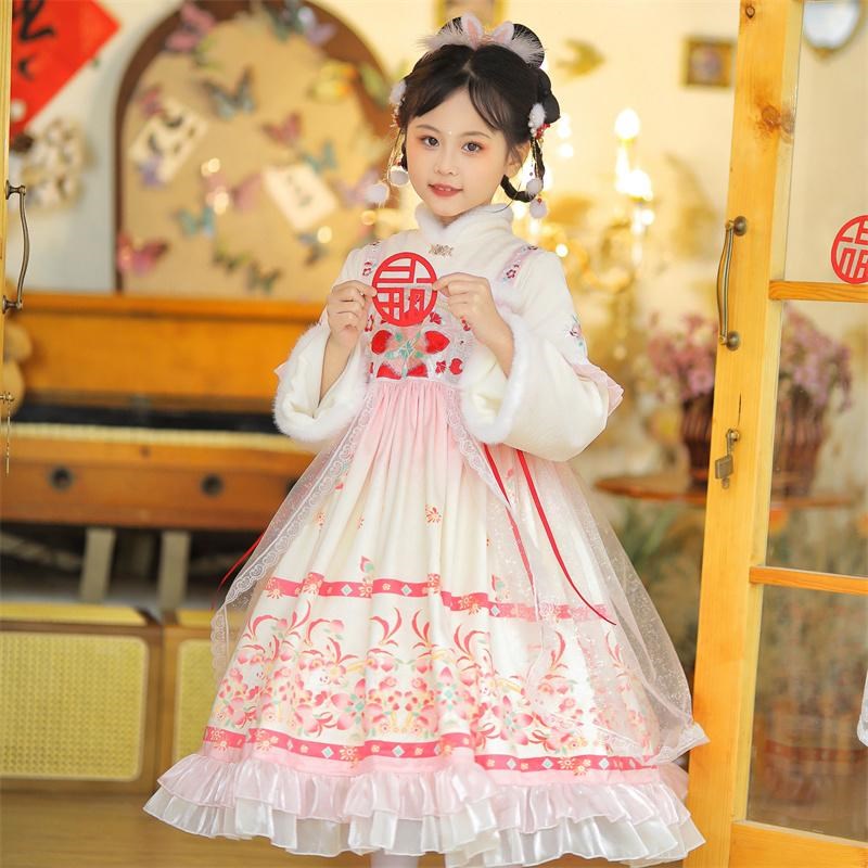 元旦新款女童加绒汉服连衣裙冬装超仙拜年服国风新年衣服周岁唐装