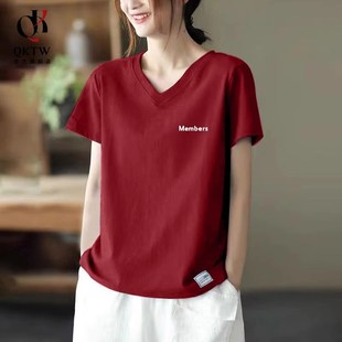 宽松遮肚简约百搭洋气大码 新款 户外妈妈上衣 T恤女2025夏季 V领短袖