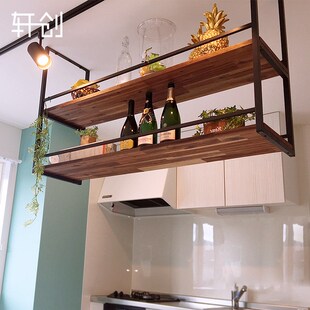 铁艺吧台吊架实木板岛台置物架酒架客厅悬挂式吊柜餐厅上墙收纳架