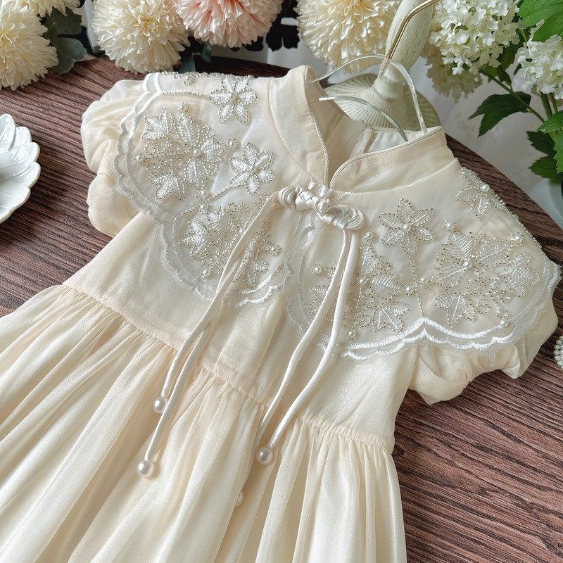 2025新款女童云肩旗袍裙短袖中国风宝宝连衣裙儿童新中式盘扣裙子