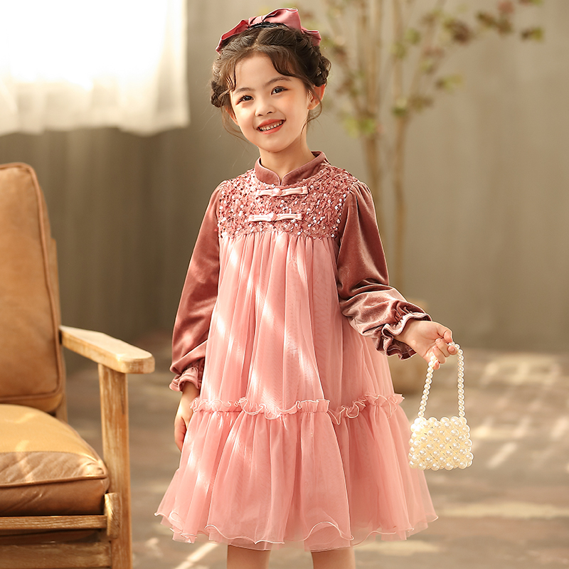 女童丝绒旗袍连衣裙儿童秋冬装公主汉服裙宽松小女孩古风网纱裙子
