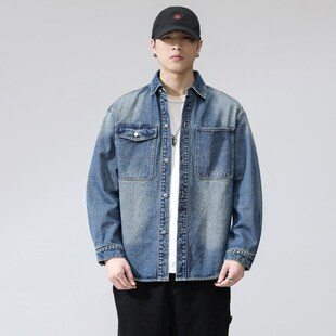 休闲衬衣翻领外穿上衣 宽松工装 复古蓝高端牛仔衬衫 外套男春秋新款