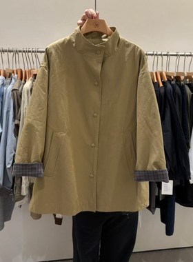 86005D壹韩版袖拼格子工装风衣女2025春装新款宽松立领中长外套女