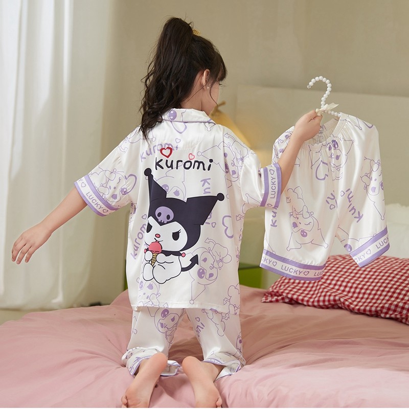 女童睡衣2025新款夏季冰丝三件套薄款儿童短袖长裤女孩大童家居服