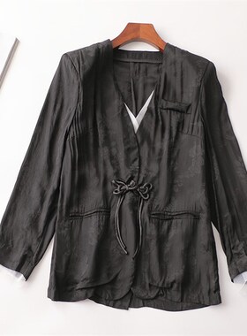 243920 春粘胶外套 女提花盘扣国风中长款长袖V领