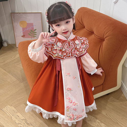 汉服女童春秋周岁女宝宝礼服儿童唐装连衣裙古风明制云肩公主春季