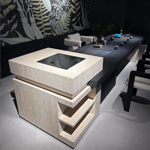 新中式实木茶桌现代别墅极简黑色办公室商务家用天然洞石岛台茶台