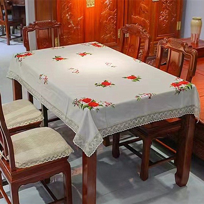 田园布艺茶几布长方形餐桌布盖巾花卉100x150米绣花纯手工毛线绣