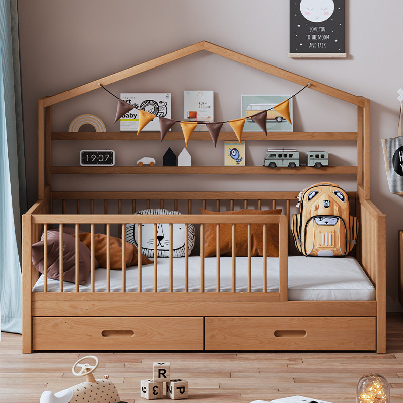 榉木儿童床实木儿童房单人床带护栏小床男孩女孩公床加高树屋床,住宅家具,儿童床/儿童抽拉床,淘宝优惠券,粉丝福利购,淘宝优惠卷