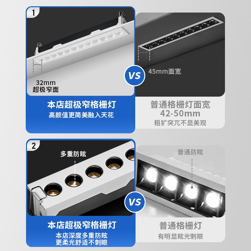 迷你长条格栅灯内嵌入式三头线形型客厅过道led简约天花射灯极窄