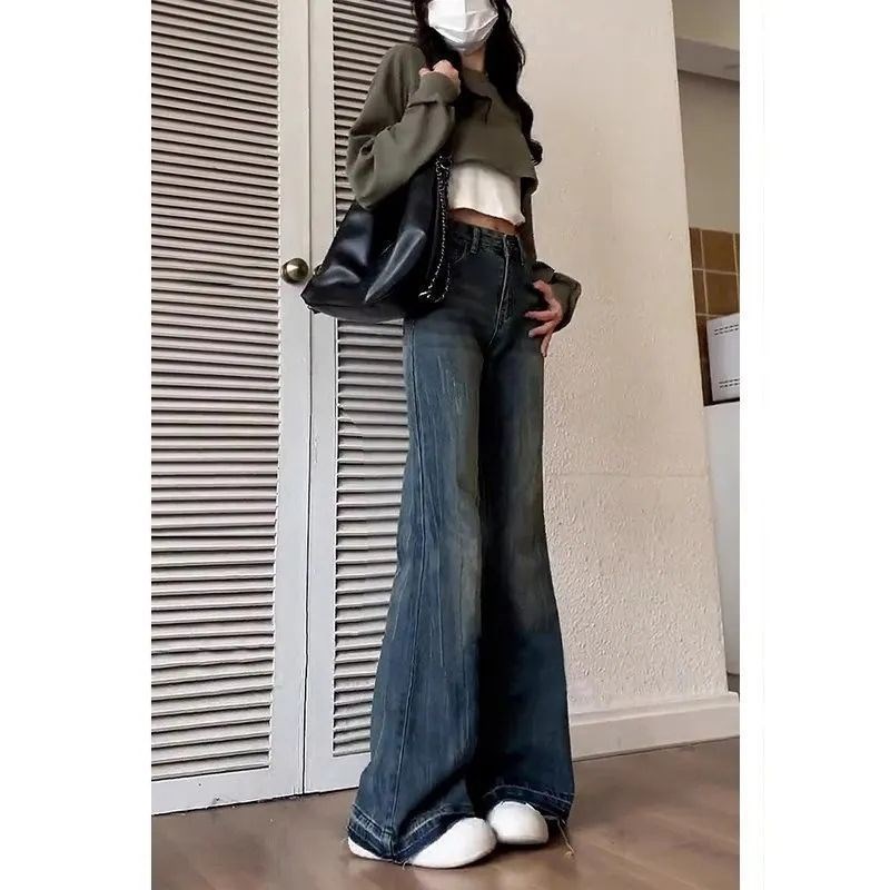 美式复古毛边微喇牛仔裤女秋冬2024年新款高腰显瘦宽松拖地喇叭裤