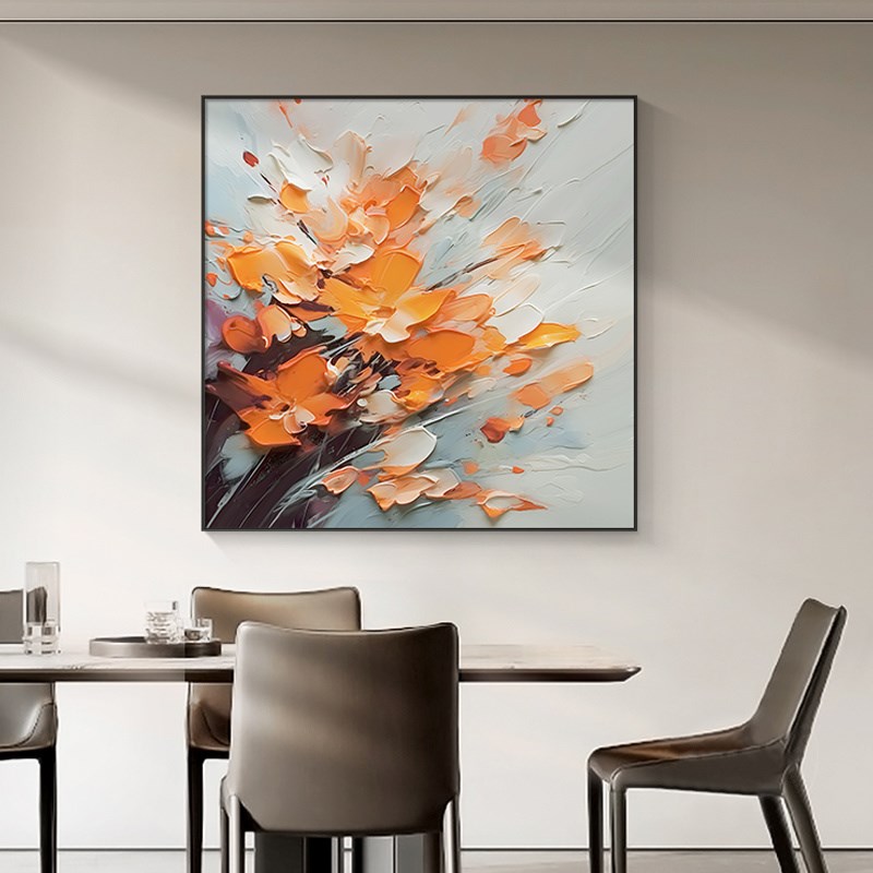 纯手绘油画方形花卉餐厅装饰画立体肌理客厅挂画抽象X高档玄关壁图片