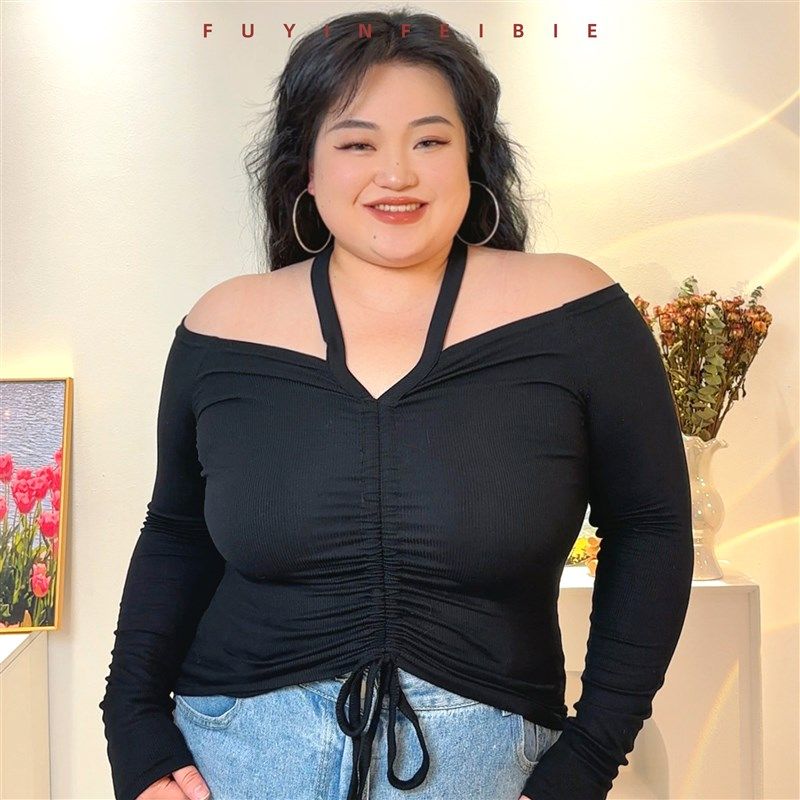 【福饮沸别】黑色大码春夏贴身挂脖抽绳女上衣1016,女装/女士精品,大码内搭,淘宝优惠券,粉丝福利购,淘宝优惠卷