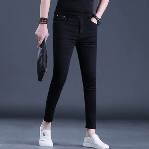 九分裤男士牛仔裤韩版潮流修身小脚纯黑色9分休闲裤24新款男裤子