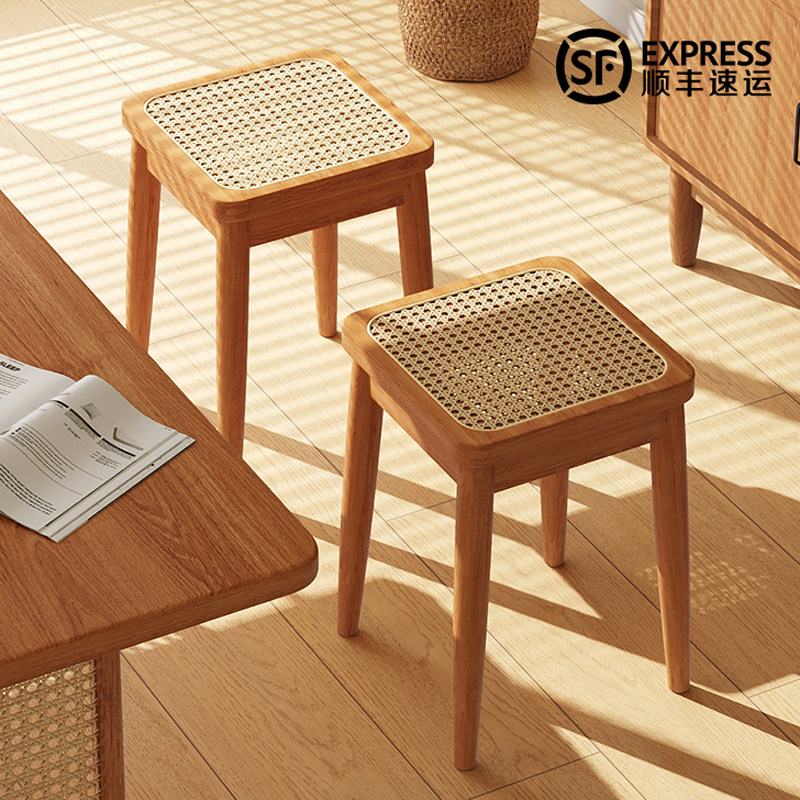 实木藤编凳子家用可叠放中古方凳餐桌板凳备用透气餐凳简约高椅子,住宅家具,矮凳,淘宝优惠券,粉丝福利购,淘宝优惠卷
