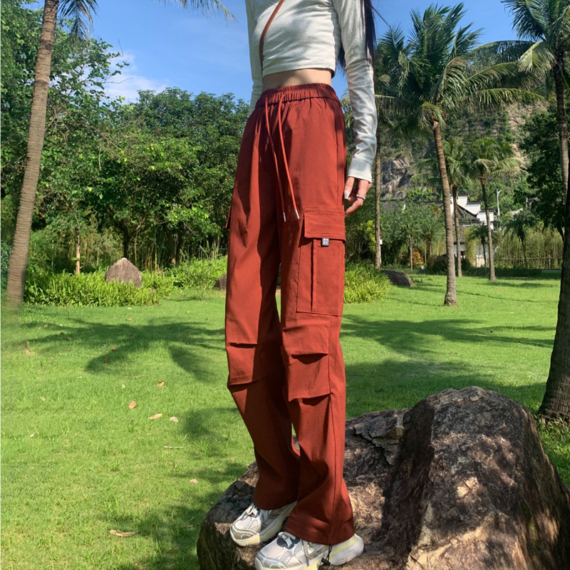 砖红色工装裤女春秋2024新款降落伞登山裤子高Q腰阔腿美式休闲长