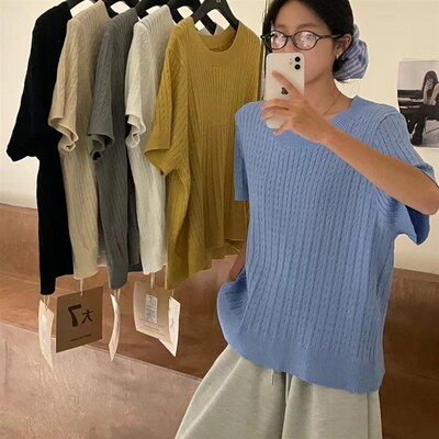 大7女装12212春季新款韩版宽松大码胖mm休闲慵懒风短袖针织衫上衣