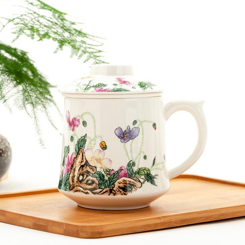 骨瓷茶漏杯带盖过滤网喝水杯办公室茶水分离珐琅彩陶瓷马克会议杯