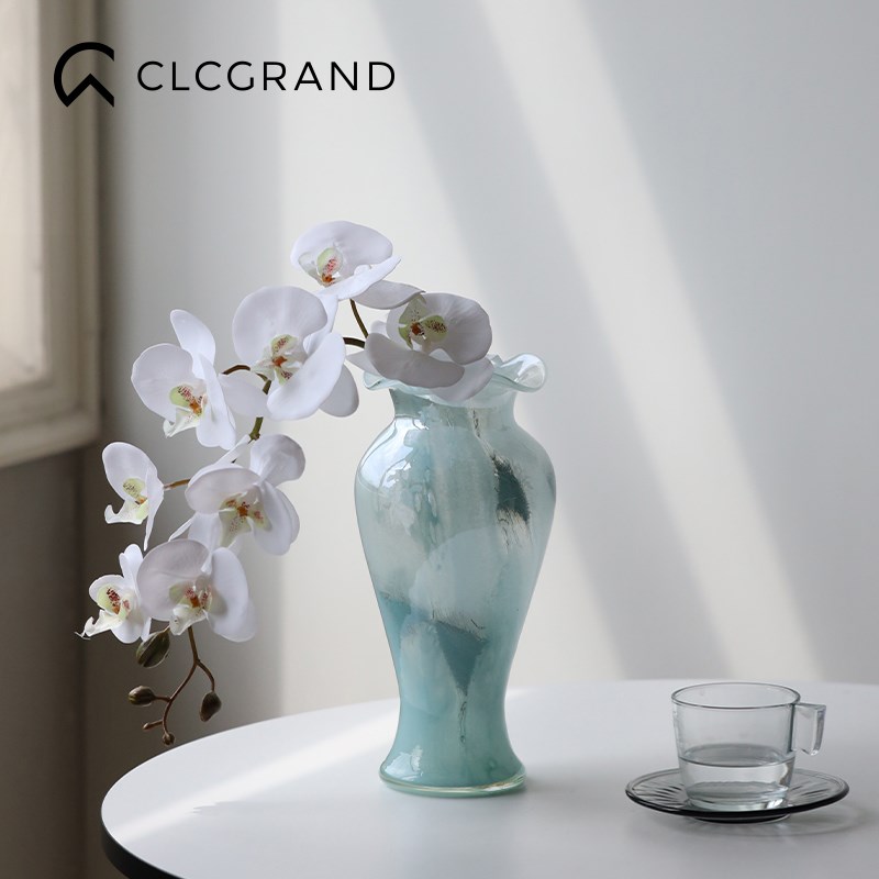 蓝色琉璃玻璃中古花瓶客厅插花花器高级感电视柜软装饰品