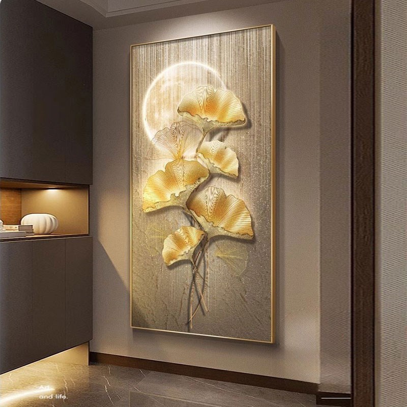202新款玄关现代装饰画银杏叶LED灯入户正对门走廊客厅壁灯挂画